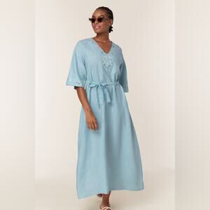 NWT Fanm Mon x Andie Kepez Kaftan Dress Hydrangea Blue 100% Linen Size Medium
